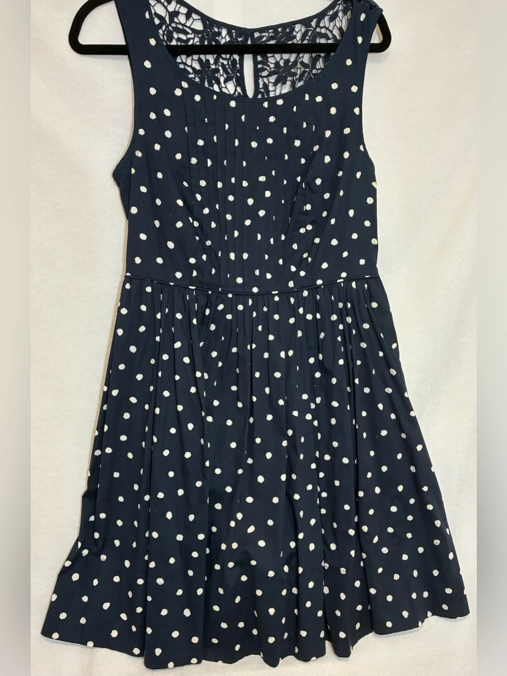Moulinette Soeurs Polka Dot Fit and Flare Dress Lace Overlay Cotton Size 8 retro